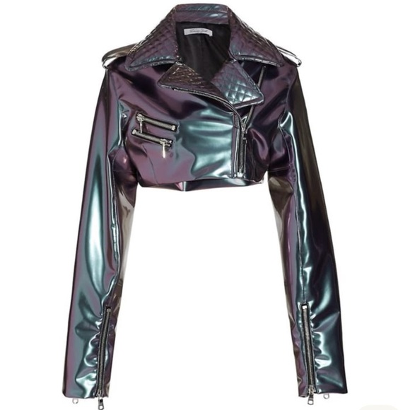 LaQuan Smith Metallic Cyberpunk Cropped Moto Jacket Sz XS Iridescent Holographic - Picture 1 of 16